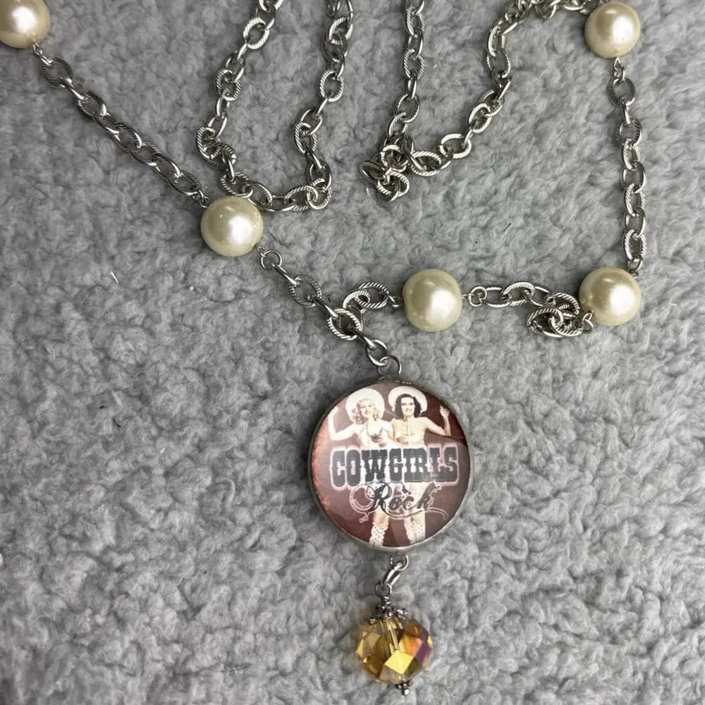 Cowgirls Rock Reversible Necklace Horse Pin Up Western Rodeo Pearl Statement